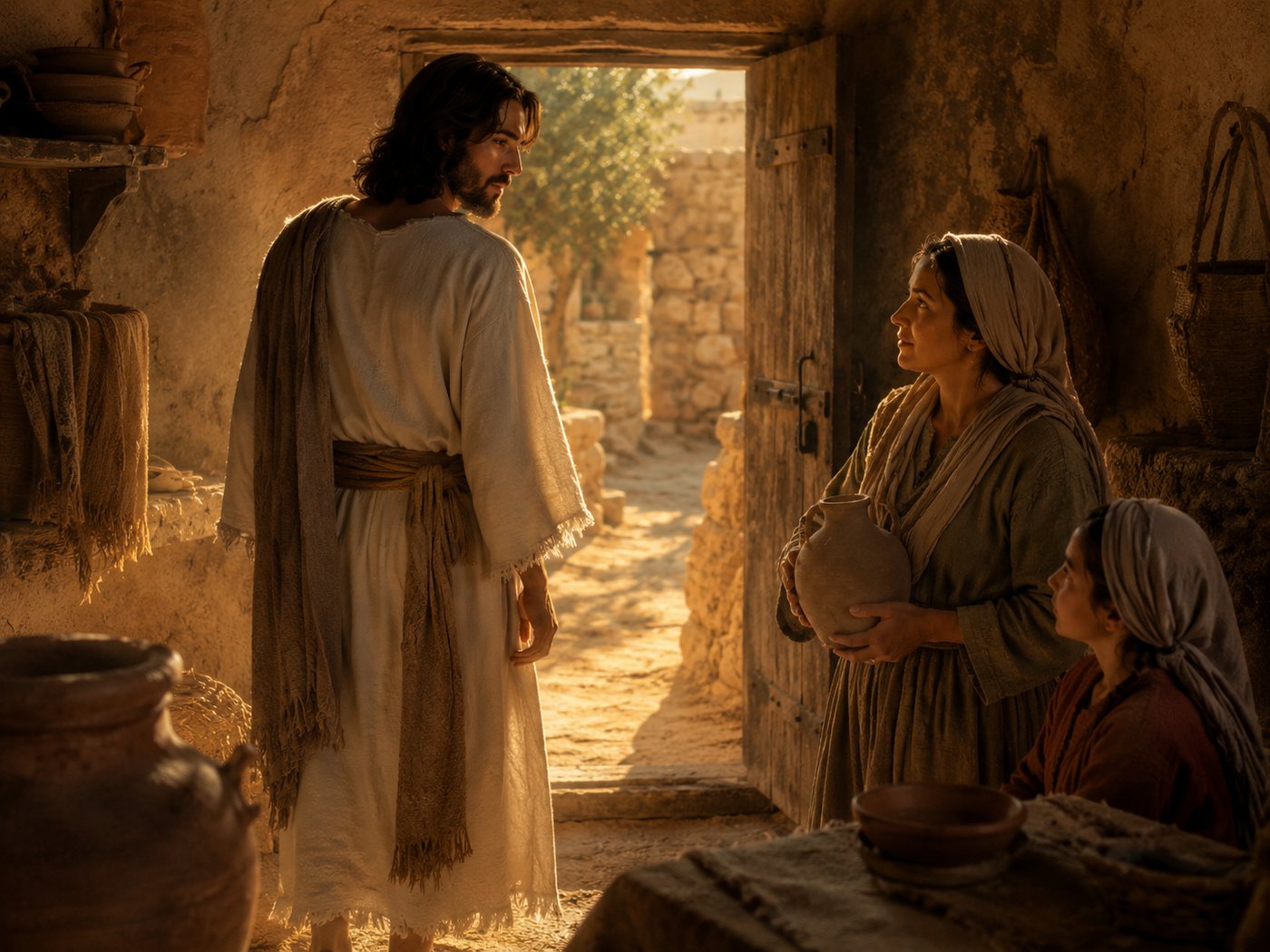 Mary, Joseph, and the young Jesus in a simple Nazareth home