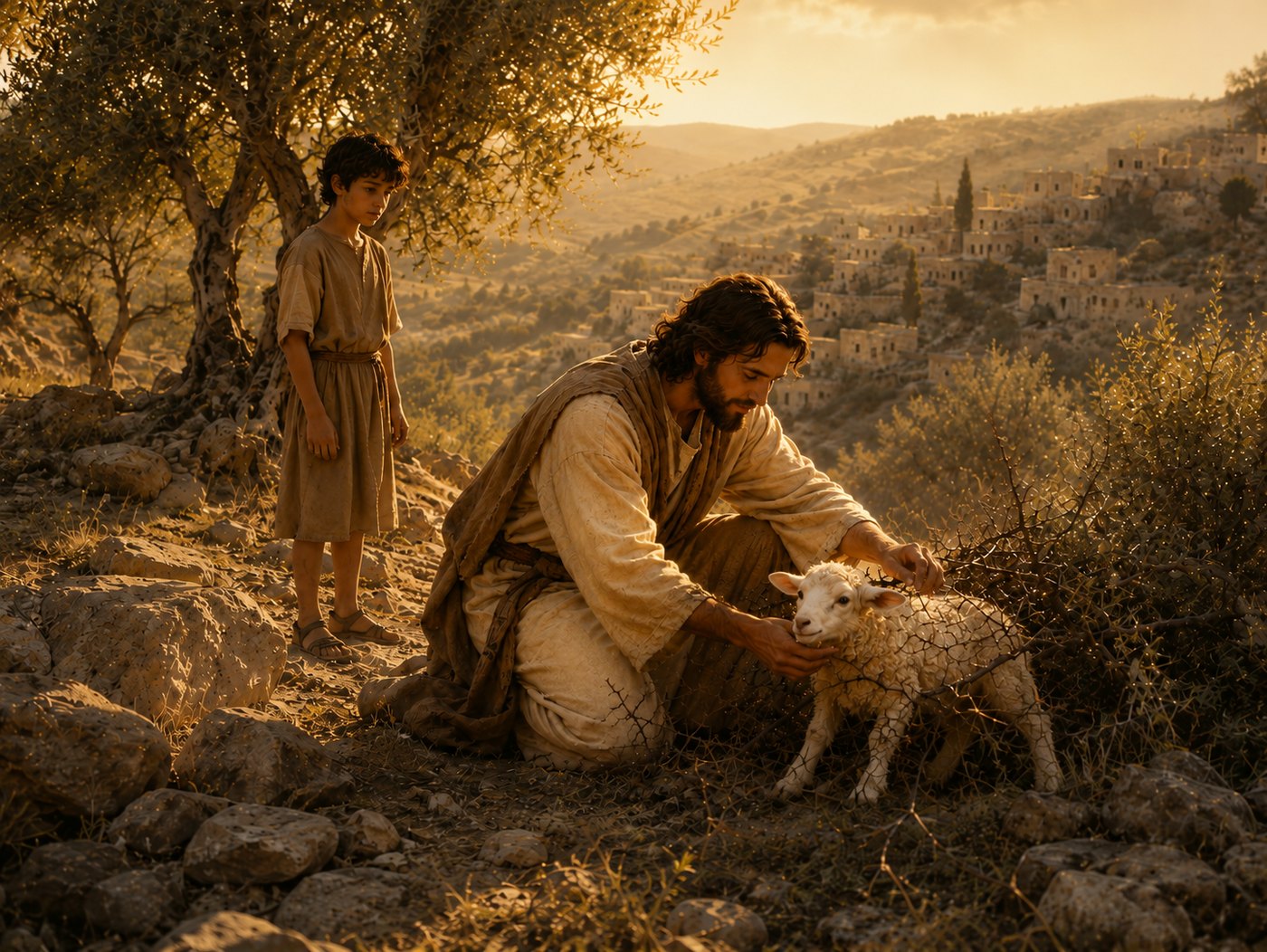 Young Jesus helping a lamb caught in thornbrush while Eliab watches