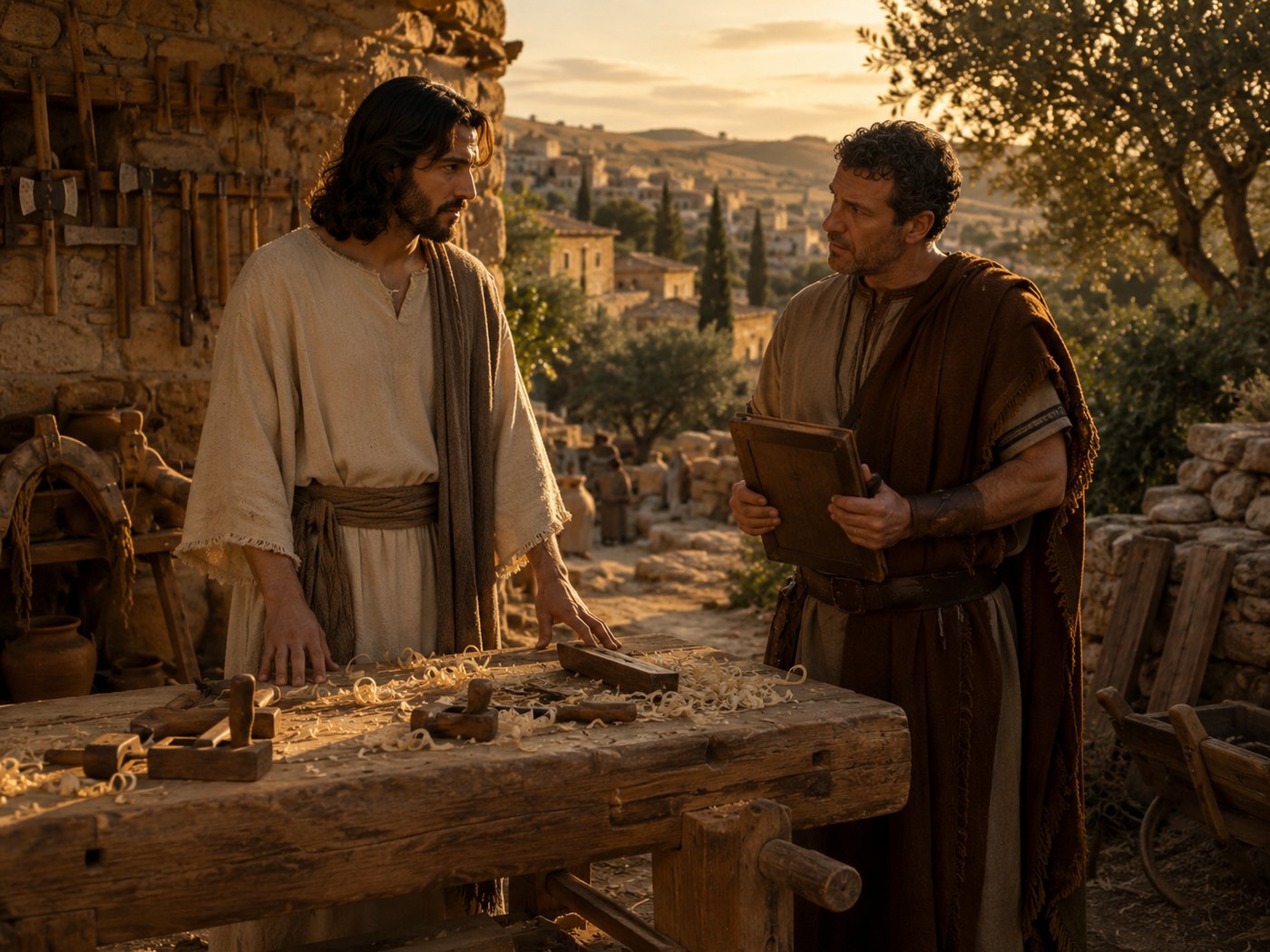 A Roman skeptic speaking with a young carpenter in a warm workshop