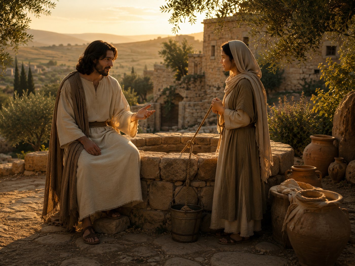 Young Jesus speaking with a woman near a village well at dusk